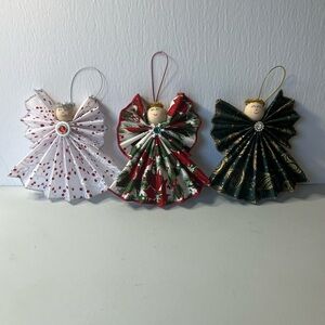 Festive Handmade Ribbon Angel Ornament Set Of 3 - Red, Green, White